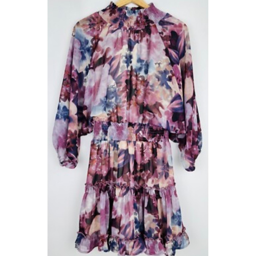 BTFL-life Floral Smocked Mini Dres Purple Blue Dolman Sleeve Ruffle Tiered Small